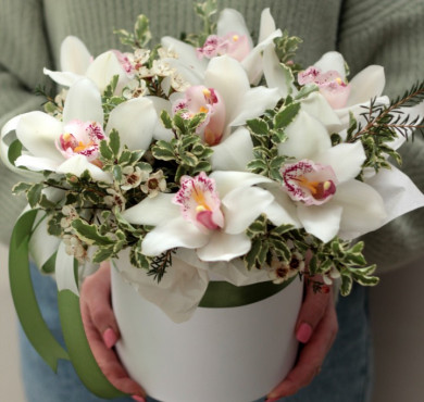 Шляпная коробка из 7 белых орхидей